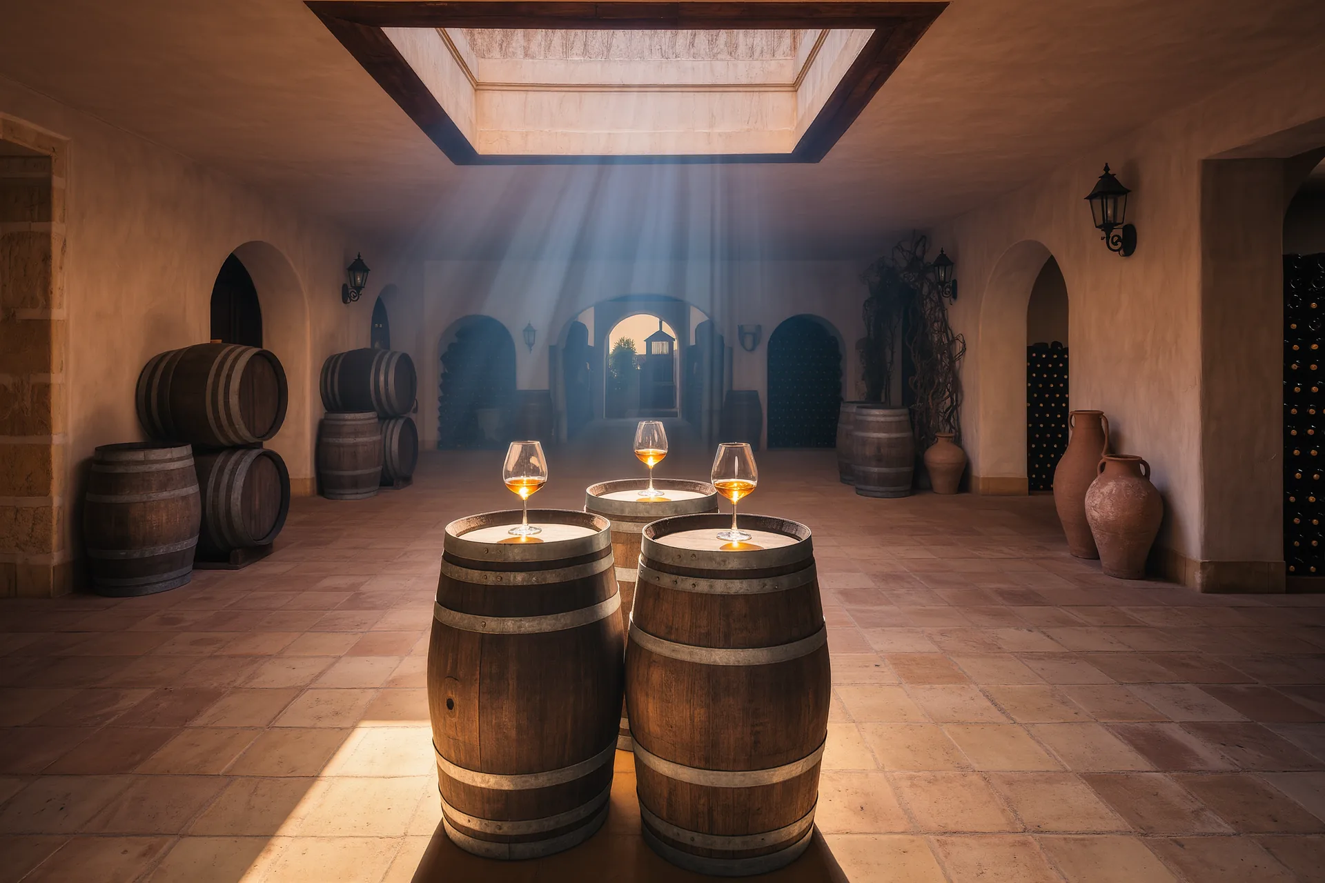 Copas de vino generoso de Jerez sobre un tonel de roble en una bodega centenaria, con luz cálida entrando por una claraboya
