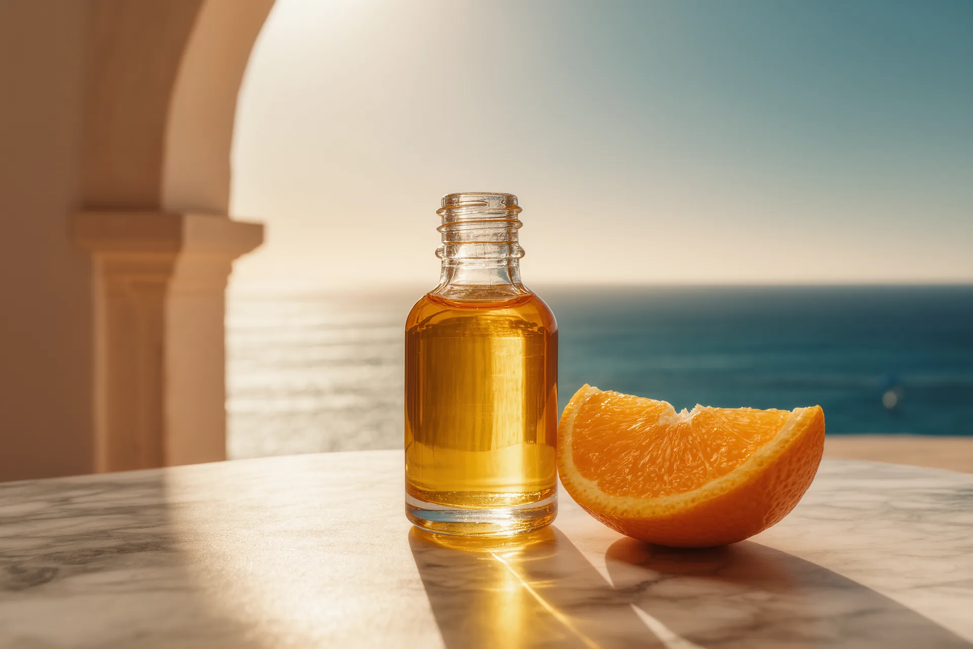 Frasco ámbar de sérum de vitamina C junto a una naranja cortada sobre mármol, con luz cálida de estudio