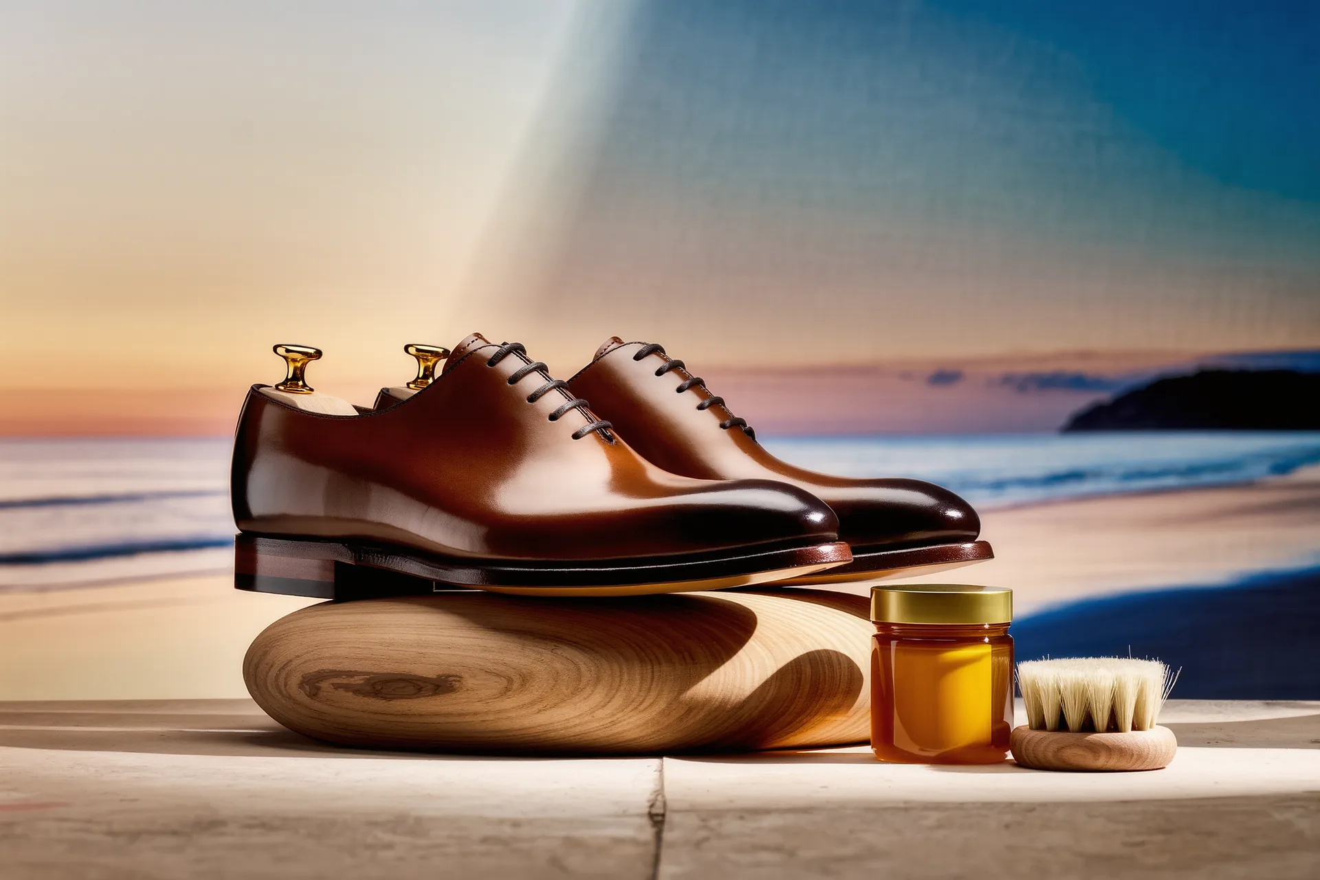 Par de zapatos Oxford de piel marrón oscuro sobre una horma de madera, con betún y cepillo al lado, luz cálida de estudio